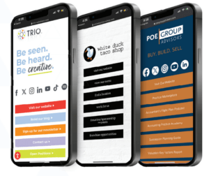 TRIO's links page, White Duck Taco Shop's links page and Poe Group Advisors's links page displayed on phone screen