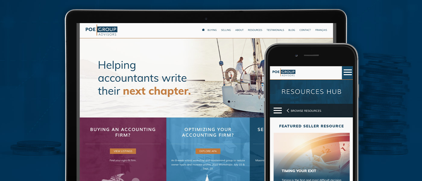 Poe Group Advisors website mockup on laptop and mobile devices
