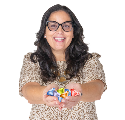 Smiling woman holding origami