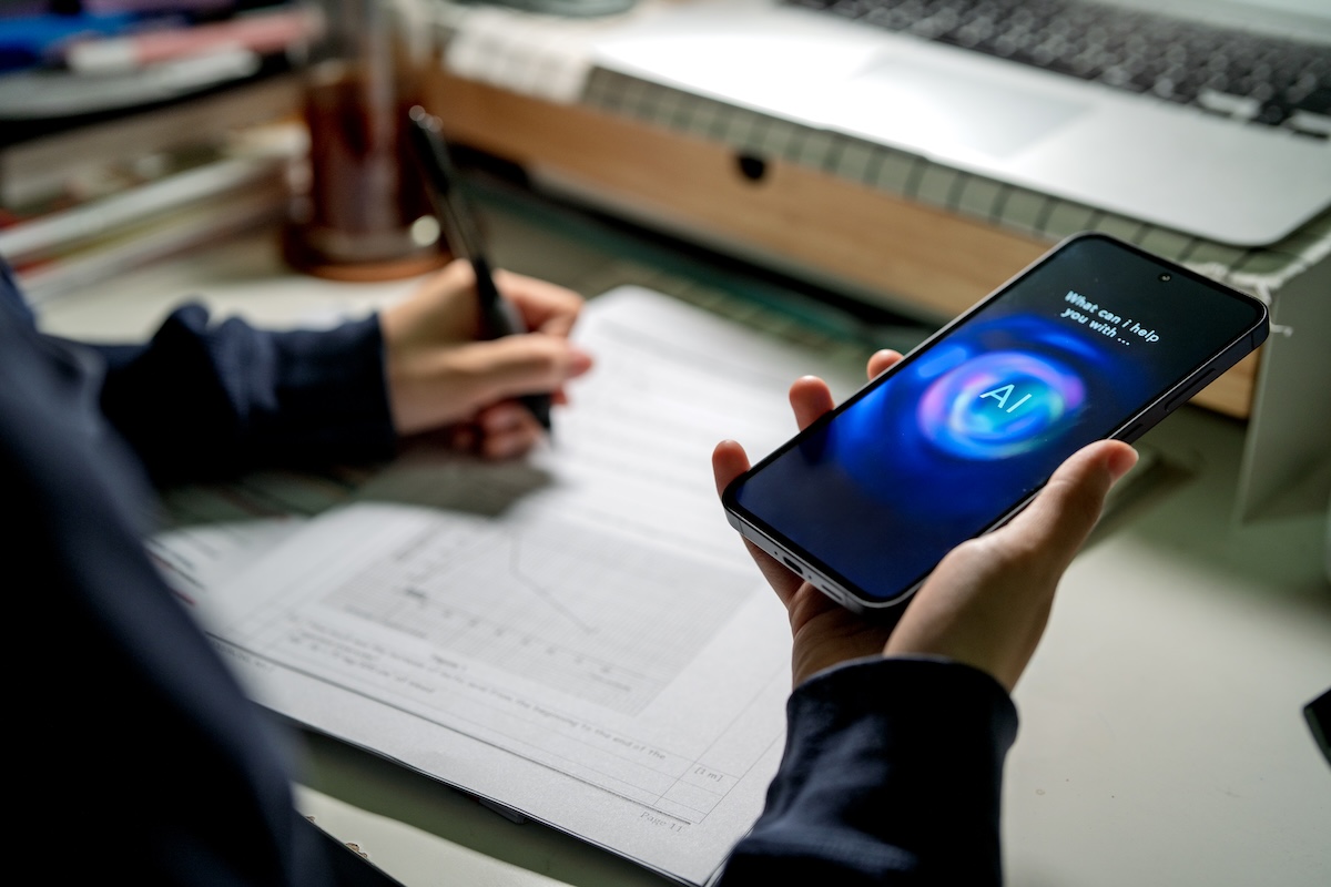 Small business owner using a voice-enabled AI chatbot to find local marketing agency