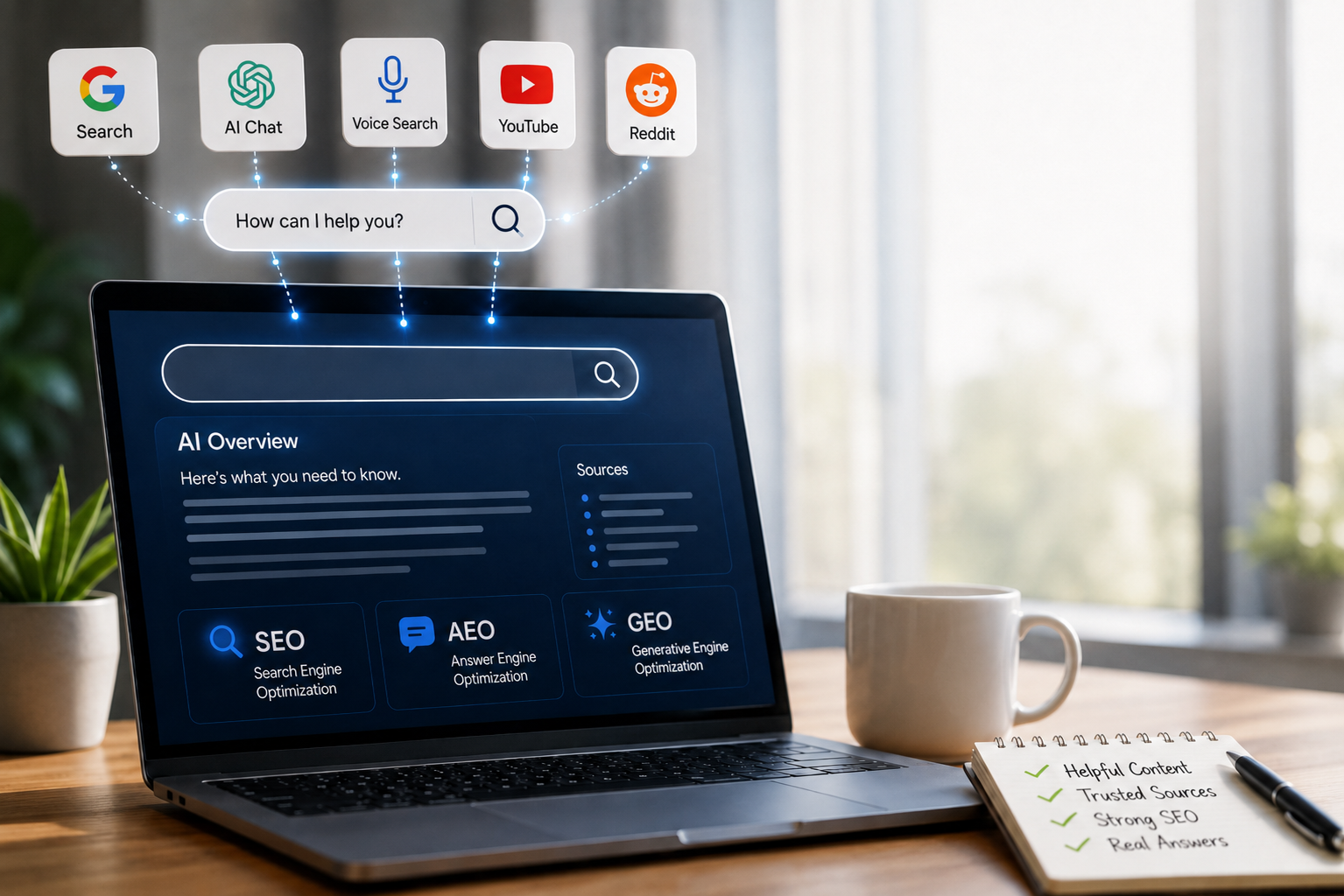 A modern laptop showing AI search and SEO visuals, representing how SEO, AEO and digital marketing strategy help brands stay visible in AI-powered search.